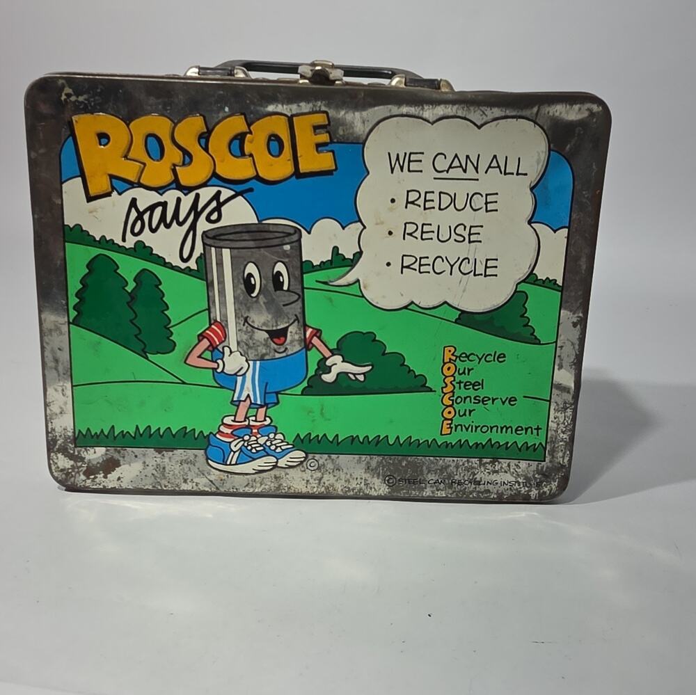 VINTAGE RARE RECYCLE WITH ROSCOE METAL LUNCHBOX Very Used